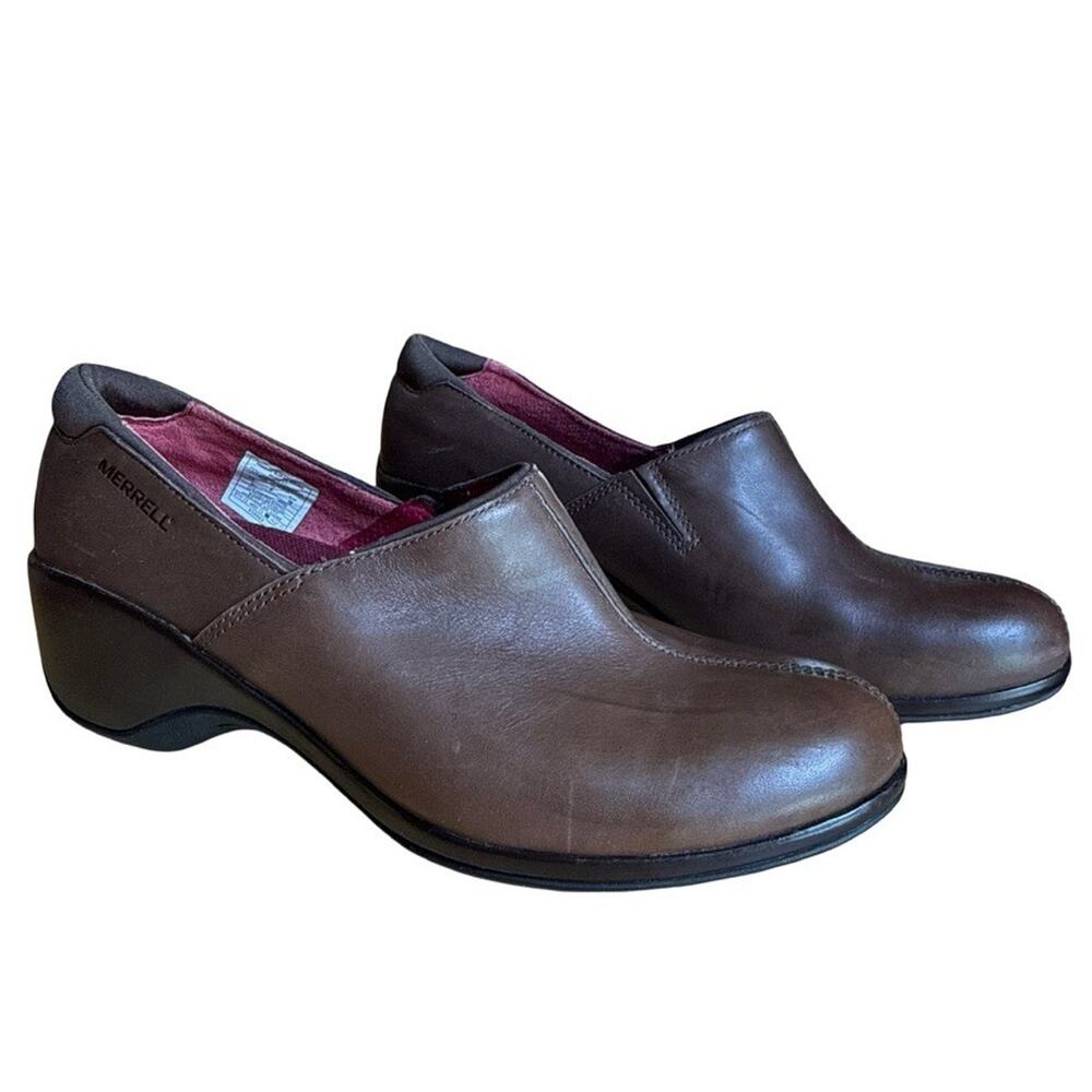 Merrell Angelic Brown Slip On Brown Leather Clogs Comfort Shoes Loafers sz 7.5